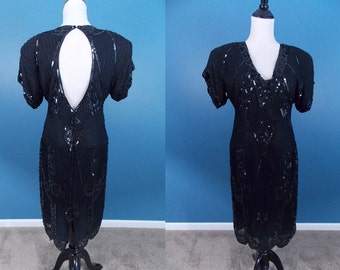 Art Deco Inspired Black Sequin Cocktail Dress with Keyhole Back