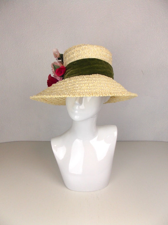 Ivory Raffia Straw Hat Large Brim With Silk Roses… - image 5
