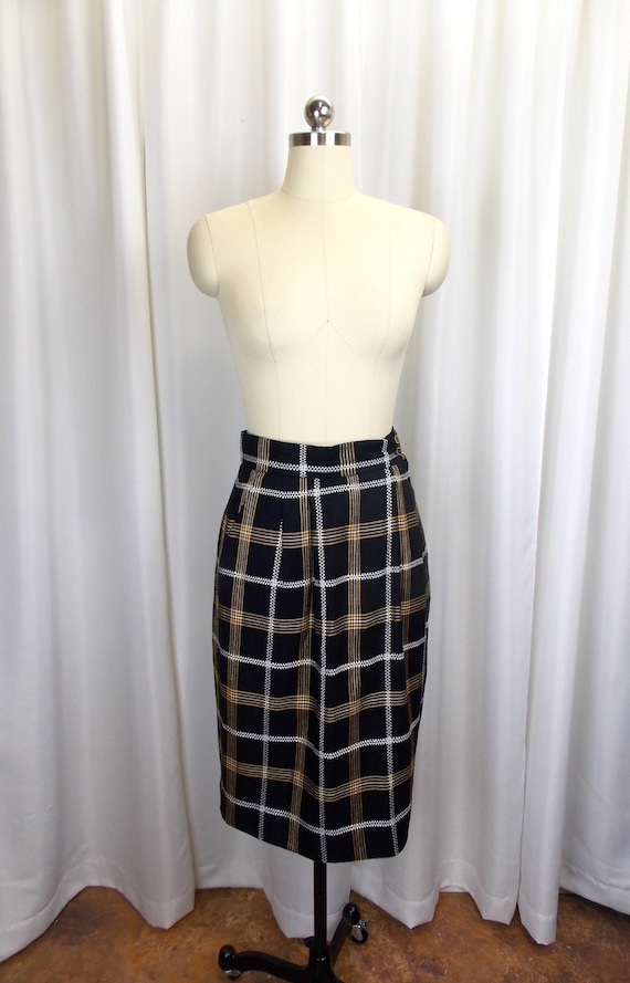 1990's Plaid Wool Skirt Black and Yellow Pencil S… - image 1