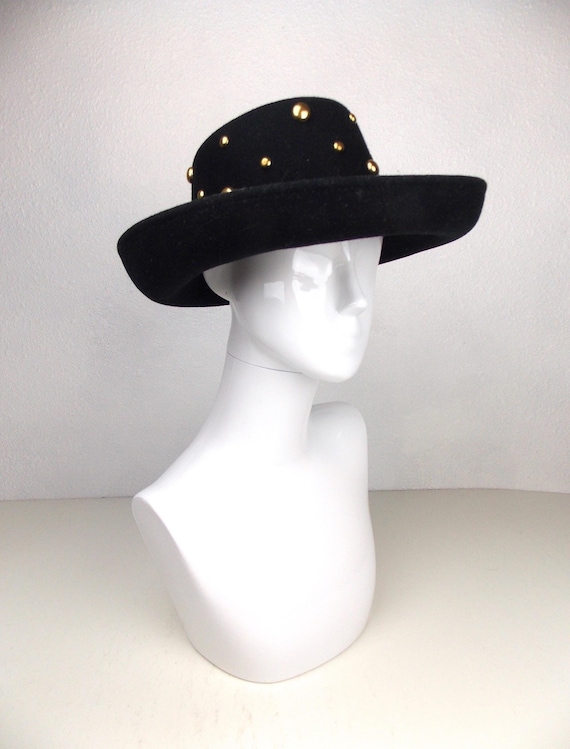Betmar Black Velvet Hat with Gold Studs Vintage Black Velvet Gold Sequin Tam Beret Hat Betmar - Etsy main image 3