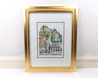 Handgekleurde litho ingelijste print van Saint Louis Quebec door Claude Roy