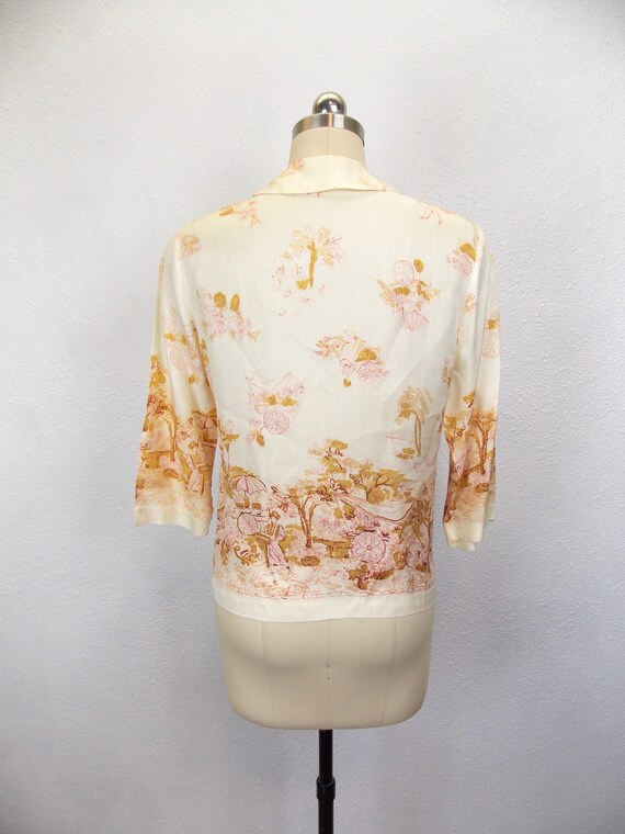 1950's Silk Blouse with Flower Cart Print - image 3