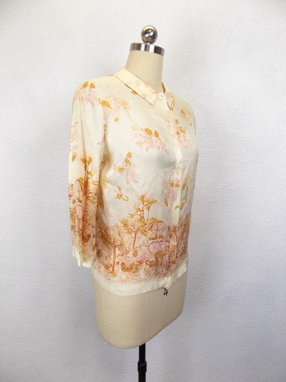 1950's Silk Blouse with Flower Cart Print - image 2