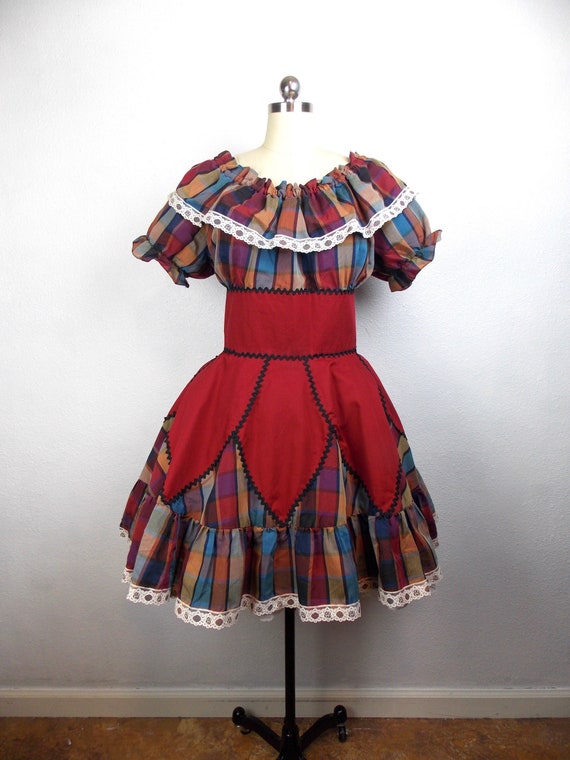 Vintage Burgundy Red Plaid Square Dance Dress - image 1