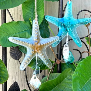 Set of 2 GLASS Starfish Wall Decor measuring 13" long with twine for hanging - Nautical/Coastal Themed Wall Decor