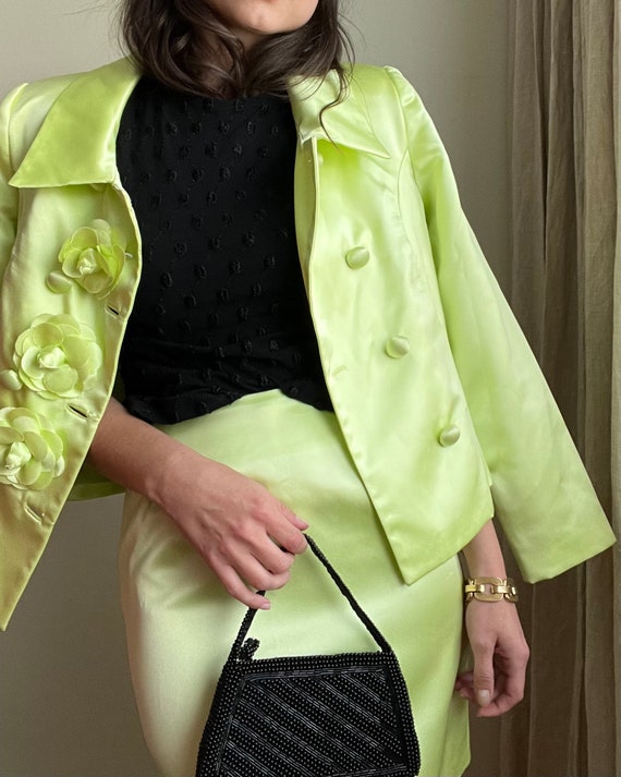 Vintage Lulu Bravo Two Piece Chartruese Suit, 90’s Vintage, Skirt and Jacket