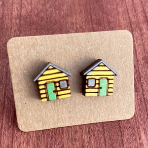 Hand-Painted Wood House Stud Earrings: Puerto Rico Art