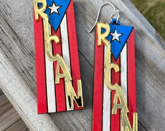 RICAN hand painted wood earrings, Puerto Rico flag art, best friend birthday gift Boricua, orgullo puertorriqueño, lightweight statement