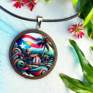 Puerto Rican Flag Casita Necklace: Wooden Pendant, Boricua Jewelry