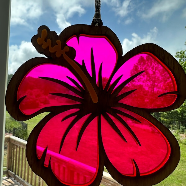 Hibiscus Suncatcher,fluorescent flower suncatcher,Puerto Rico art,housewarming gift first home, Suncatcher acrylic, Latina owned,