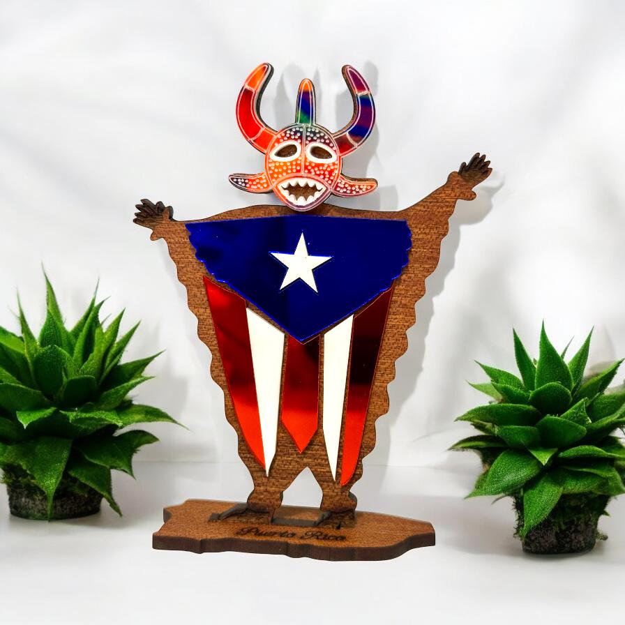 Colorful small Vejigante, Puerto Rican flag wood figure for desk or shelf, Puerto Rico art, housewarming gift for best friend, gift for boss