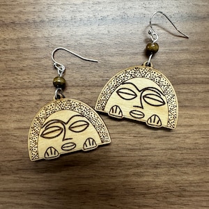 Taino Moon Goddess Earrings: Engraved Wood, Puerto Rico Art