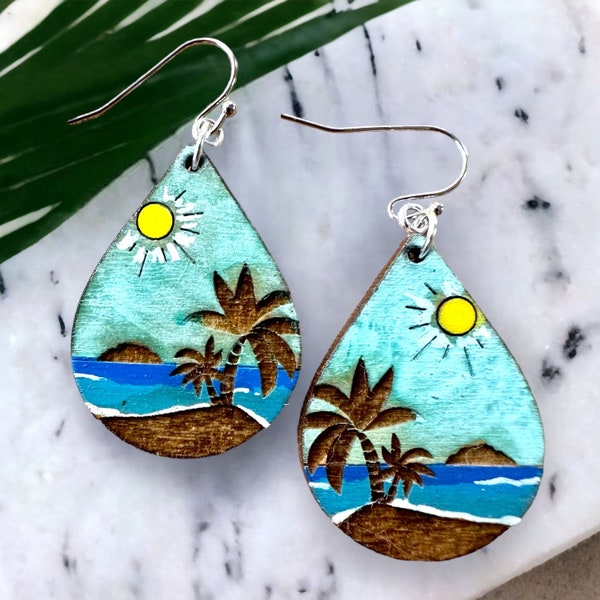 Desecheo Rincon Puerto Rico earrings,  sunny day hand painted jewelry, birthday gift for mom,Puerto Rico art,tropical beach vacation dangles