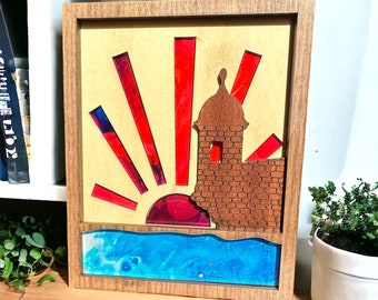 El morro viejo San Juan shelf sitter art, Puerto Rico art, ocean setting sun art, Father’s Day gift for uncle, tropical beach desk sitter