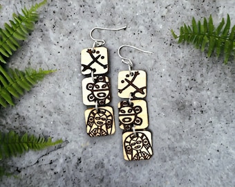 Taino Symbol Wood Earrings: Puerto Rico Art, Coqui Sol Atabey, 3 tiered dangles