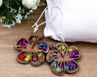 Hibiscus colorful stained glass look statement earrings,Puerto Rico art, mothers day, flor de maga mask jewelry,Christmas gift for gardener