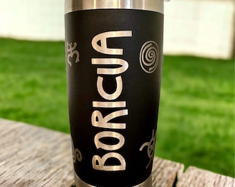 Boricua laser engraved stainless 20 oz tumbler, Taino symbol Drinkware, Puerto Rico art, birthday gift for coffee lover, unique travel cup