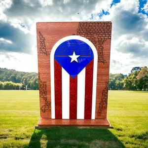 Puerto Rican Flag Desk Sitter: Sapele Wood Calle Jose Art