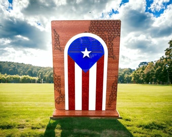 Puerto Rican Flag Desk Sitter: Sapele Wood Calle Jose Art