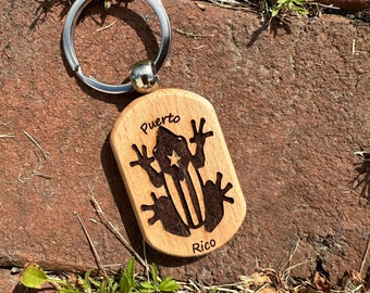 Puerto Rico Coqui Keychain: Engraved Wood Flag Art, Taino Gift