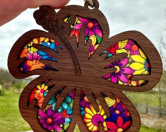 Hibiscus stained glass look car charm, Puerto Rico amapola suncatcher, Christmas gift for sister,unique birthday gift for boss, mothers day