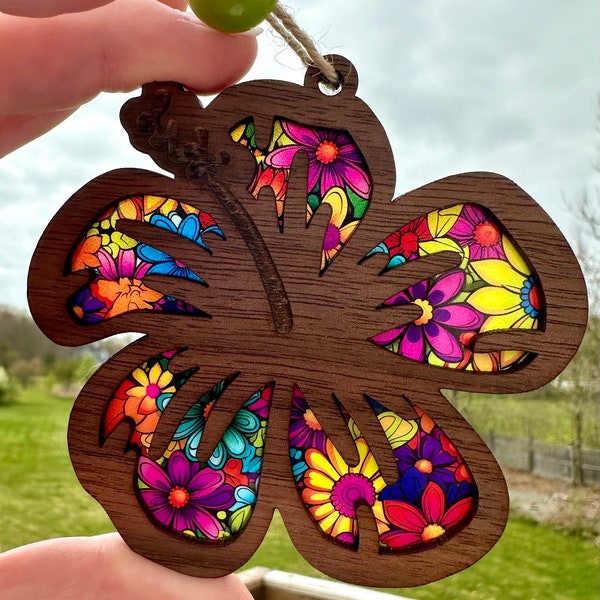 Hibiscus stained glass look car charm, Puerto Rico amapola suncatcher, Christmas gift for sister,unique birthday gift for boss, mothers day