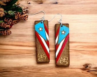 Hand-Painted Puerto Rico Flag Earrings: Boricua Pride Jewelry, Taino coqui dangles
