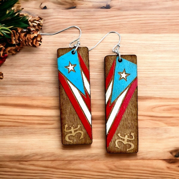 Puerto Rico Pride flag earrings,coqui Taino jewelry,birthday gift for best friend,Boricua art,handpainted lightweight statement dangle