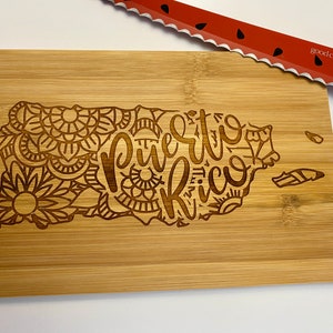 Personalized Puerto Rico Bamboo Cutting Board: Engraved Mandala Serving Board
