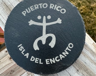 Puerto Rico slate coasters barware, Taino sol coqui atabey symbol art,hibiscus flower engraved drink accessories,birthday gift for Latino,