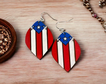 Puerto Rican flag wood earrings dangle, hand painted colorful Boricua pride jewelry, birthday gift for best friend, unique Puerto Rico art