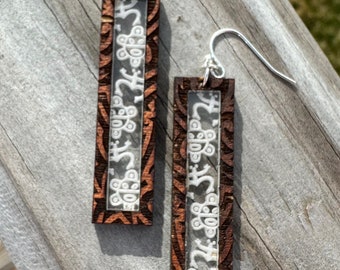 Taino sol coqui rectangle wood inlay earrings, Puerto Rico art, birthday gift for daughter, petroglyph symbol jewelry, Mother’s Day gift