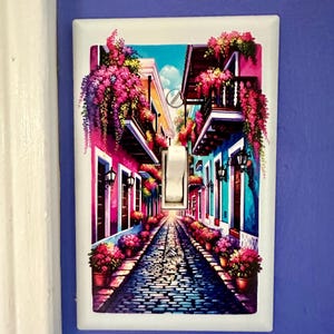 May include: A light switch cover with a colorful image of a cobblestone street in a tropical city. The street is lined with brightly colored buildings with balconies and flowers.
