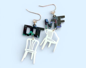 DTMF acrylic chair earrings, holographic Benito tribute jewelry
