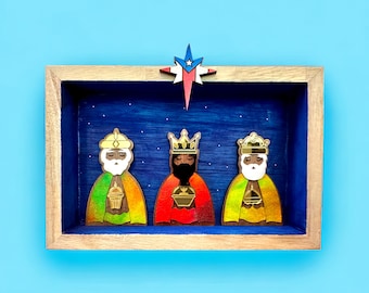 Tres Reyes miniature Puerto Rican flag decoration, Three Kings wall art, artesanías Puerto Rico art, birthday gift for Latina mom, nativity