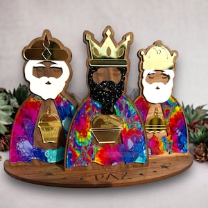 Tres Reyes Magos colorful wood figures,Three Kings Day Gift,Puerto Rico art,Heirloom OOAK Three kings, Christmas gift for mom, wise men