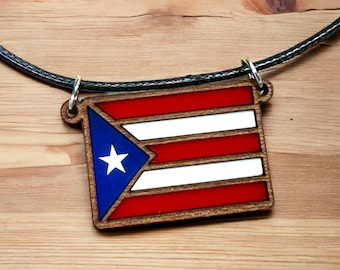 Puerto Rico wood acrylic flag pendant, unisex necklace for Boricua, artesanías puertorriqueñas, birthday gift for boyfriend,