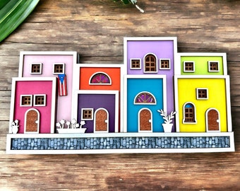 Viejo San Juan houses shelf sitter, Puerto Rico art cobble stone street scene wood, Father’s mothers Day gift for Puerto Rican, Boricua gift