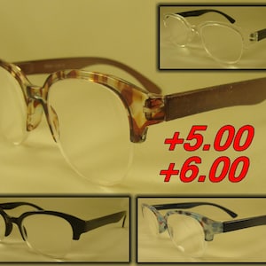 5.00 or +6.00 Stronger reading magnifying glasses Stylish Round Half Frame Unisex Readers Extra Strength Readers R304