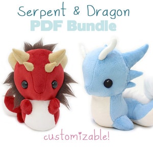 Plush sewing pattern Dragon Snake stuffed animal - bundle chibi kawaii plush plushie serpent basilisk leviathan