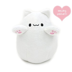 Plush sewing pattern PDF ghost kitty Bongo Cat stuffed animal plushie - kawaii cute round kitten animal easy plush toy geek gift meme