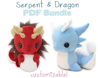 Plush sewing pattern Dragon Snake stuffed animal - bundle chibi kawaii plush plushie serpent basilisk leviathan