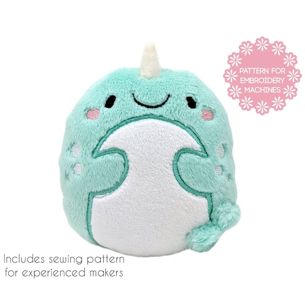 Sewing AND ITH In the hoop plush pattern - Narwhal embroidery machine design - kawaii cute whale plushie 2 sizes - stuffed animal soft toy