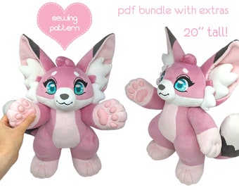 Plush sewing pattern PDF furry anthro standing plushie - DIY eBook bundle with extras - stuffed animal fursuit buddy with video tutorials