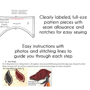 May include: A sewing pattern for a dragon roll chest piece. The pattern includes instructions with photos and stitching lines to guide you through each step. The pattern pieces are clearly labeled and include seam allowances and notches for easy sewing.