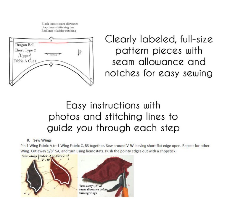 May include: A sewing pattern for a dragon roll chest piece. The pattern includes instructions with photos and stitching lines to guide you through each step. The pattern pieces are clearly labeled and include seam allowances and notches for easy sewing.