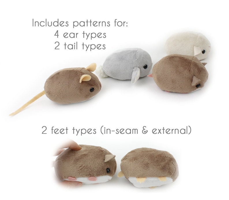 May include: Five plush mouse toys in different colors and poses. The toys include four different ear types, two tail types, and two foot types. The text "Includes patterns for: 4 ear types 2 tail types 2 feet types (in-seam & external)" is visible in the image.