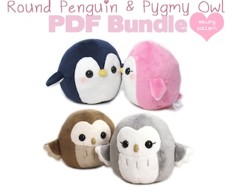 12% OFF Plush sewing pattern Owl and Penguin - Kawaii stuffed animal soft toy cute easy plushie DIY for nursery decor, baby shower gift idea