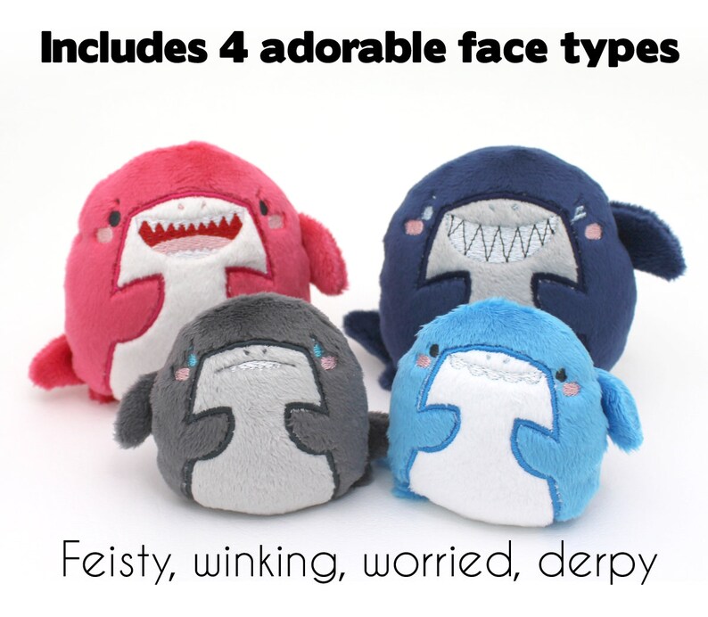 May include: Four plush shark toys with different facial expressions. The sharks are pink, blue, gray, and light blue. The text "Includes 4 adorable face types" is at the top of the image. The text "Feisty, winking, worried, derpy" is at the bottom of the image.
