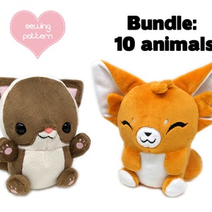 Plush sewing pattern PDF bundle - Chibi pokedoll kawaii plushie - furry anthro cat fennec fox ferret bear bunny rat mouse chinchilla wolf